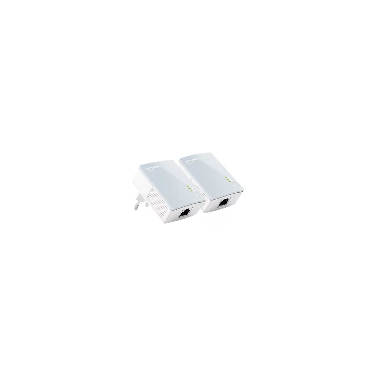 Zwei weiÃŸe TP-Link-Netzwerkadapter auf weiÃŸem Hintergrund, jeweils mit Netzwerkanschluss und grÃ¼nen Status-LEDs.