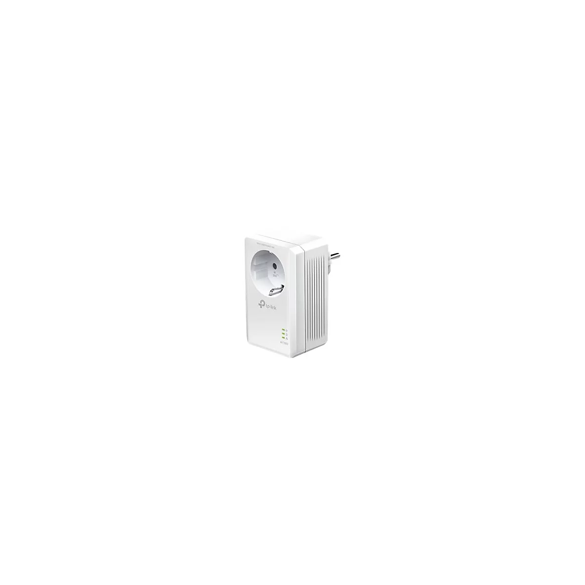 Weißer Powerline-Adapter von TP-Link mit Steckdose und LED-Anzeigen vor weißem Hintergrund.
