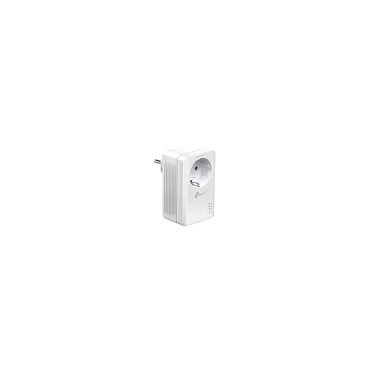 Weißer TP-Link Powerline-Adapter mit Steckdose vor weißem Hintergrund.