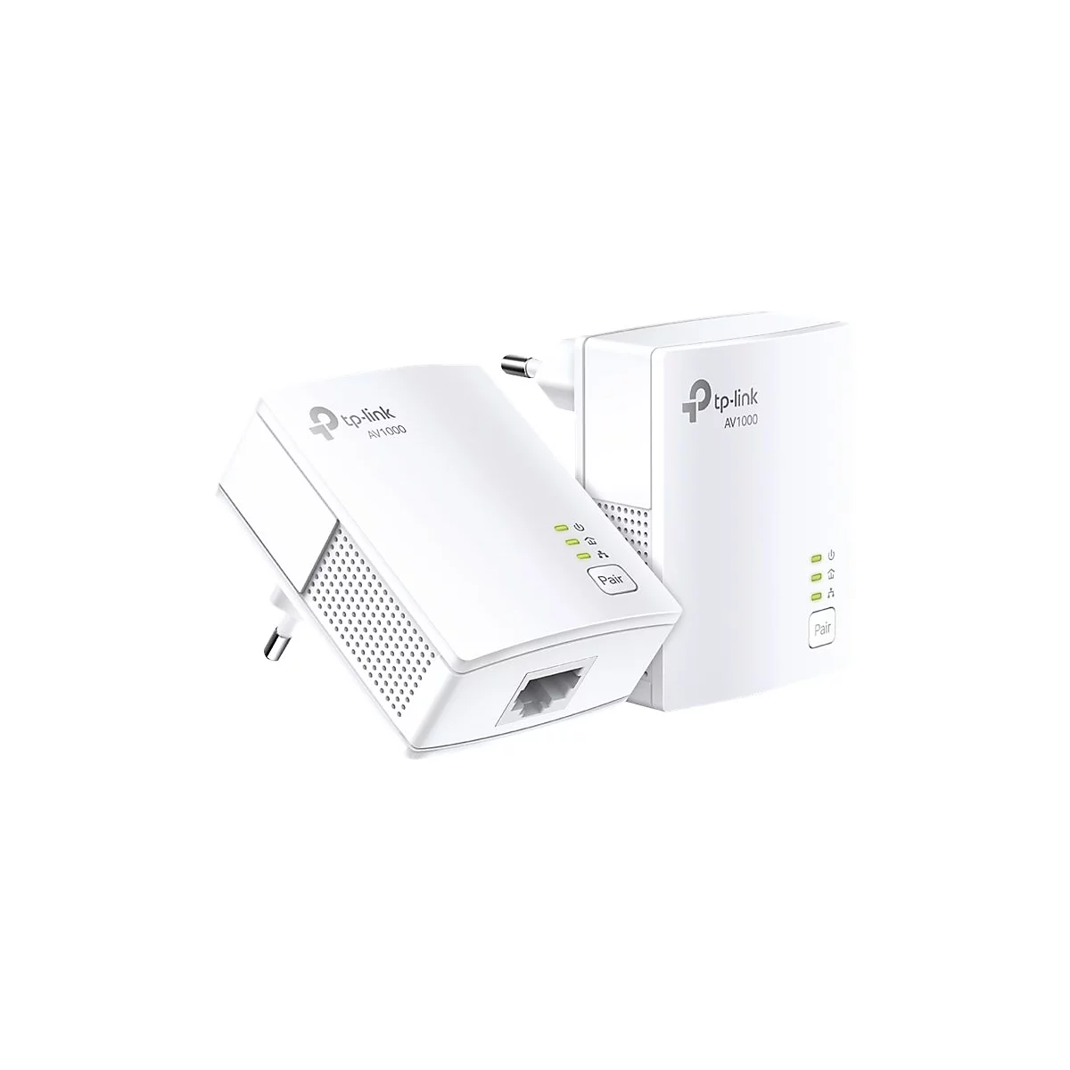 Zwei weiße TP-Link AV1000 Powerline Adapter. Beide Geräte sind im Detail zu sehen, mit LED-Anzeigen und der Bezeichnung 'Pair'.