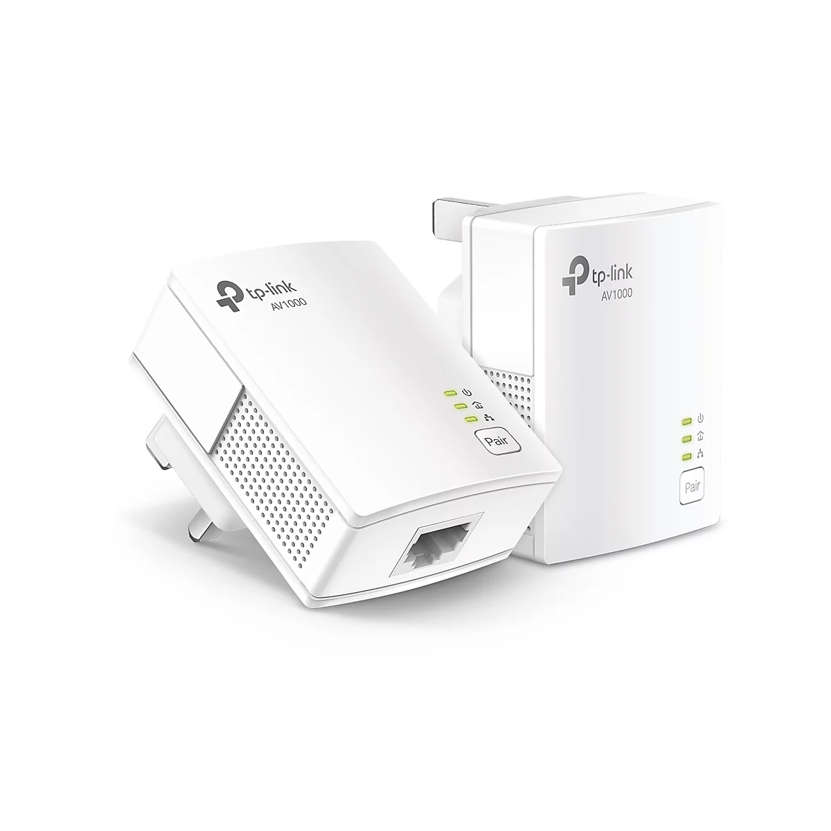 Zwei weiße TP-Link AV1000 Powerline-Adapter; Links einer mit Stecker, rechts mit eingestecktem Stecker.