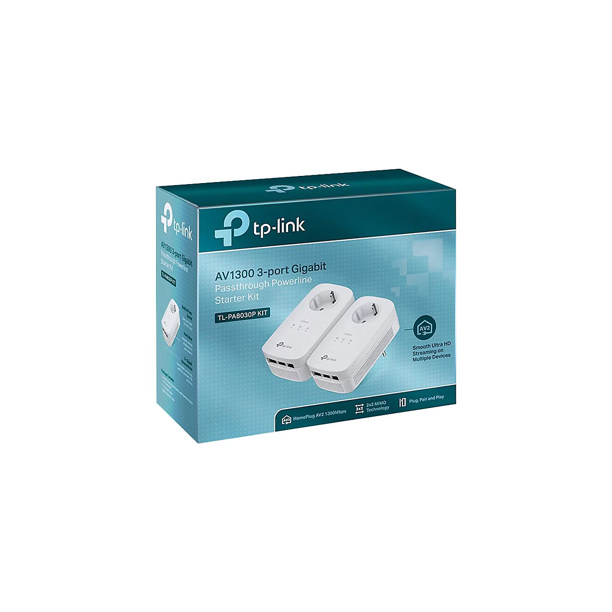 Eine Produktverpackung von TP-Link mit zwei weißen Powerline Adaptern und der Aufschrift "AV1300 3-Port Gigabit".