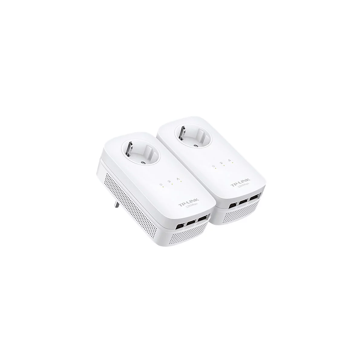 Zwei weiße TP-Link Powerline-Adapter, mit Steckdose und Ethernet-Ports, vor weißem Hintergrund.