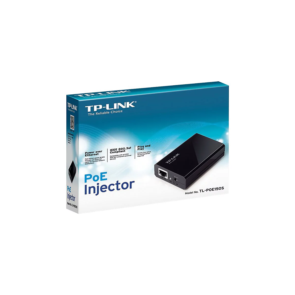 Produktverpackung eines schwarzen TP-Link PoE-Injektors TL-POE150S mit blauen Akzenten.