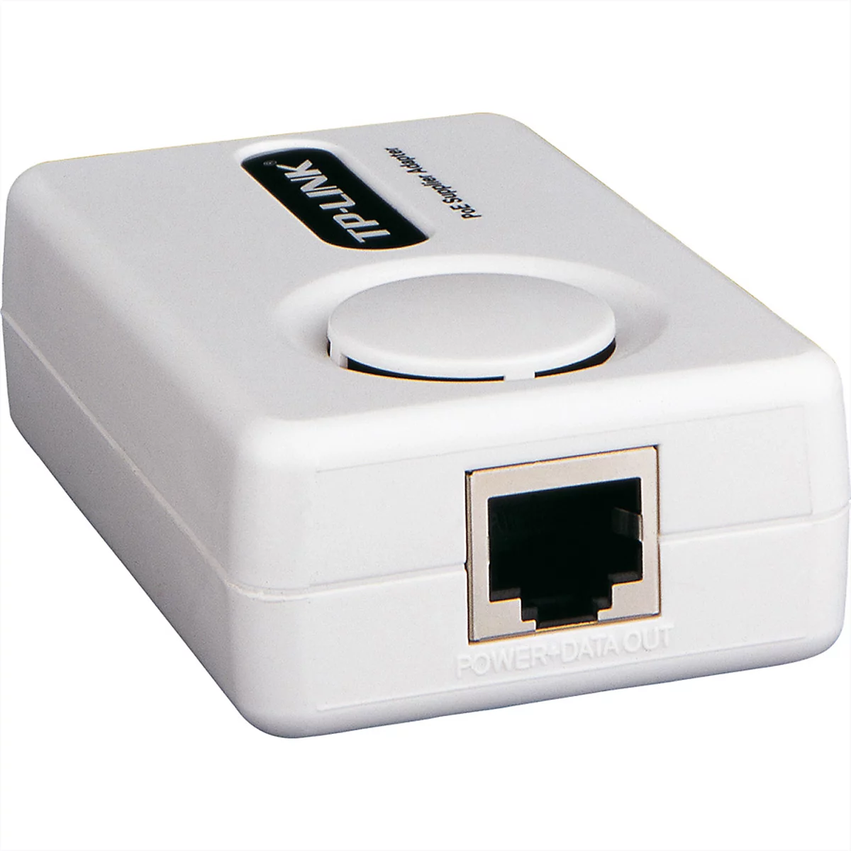 Weißer TP-Link PoE-Injektor mit RJ45-Anschluss vor neutralem Hintergrund.