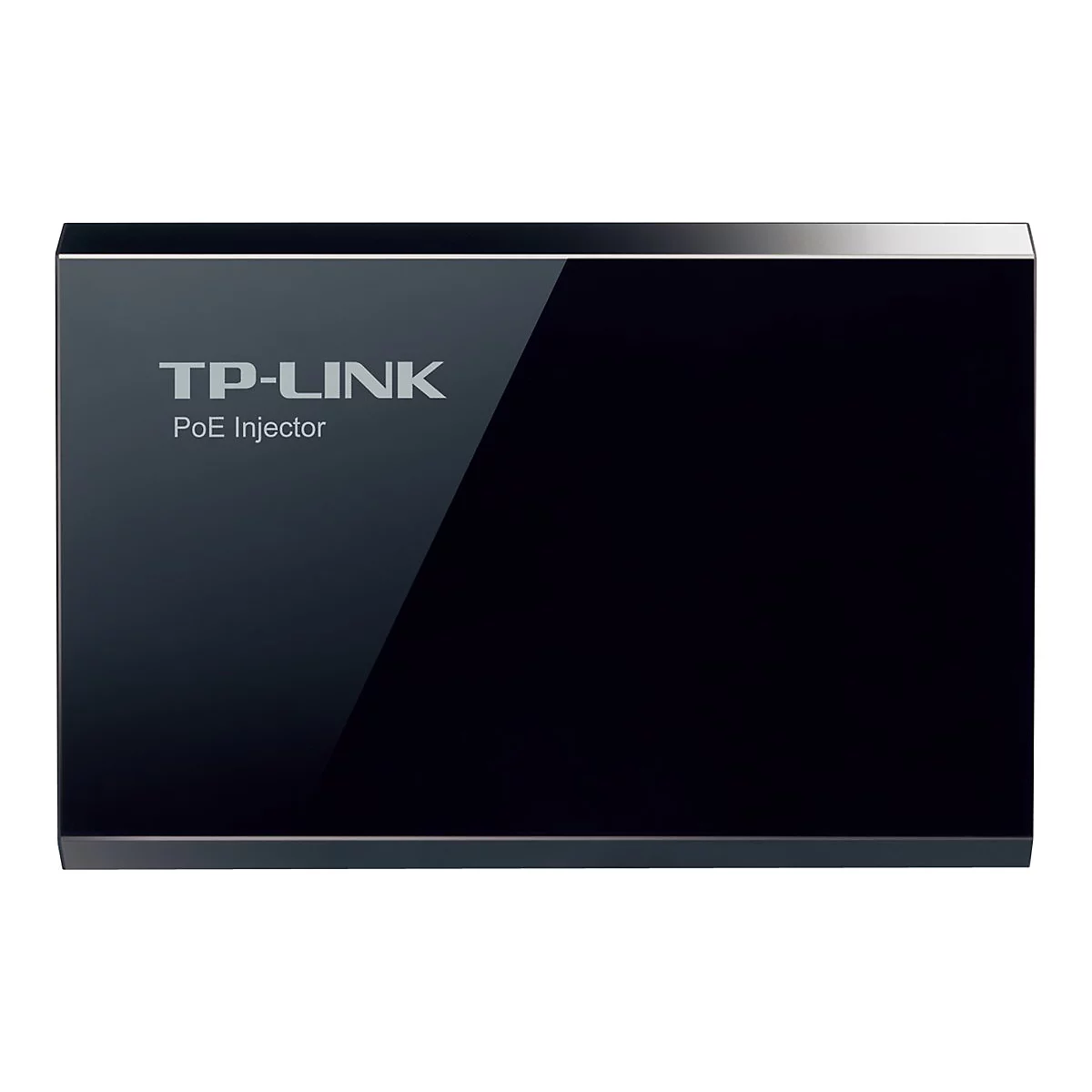 Schwarzer TP-Link PoE Injector. Mit Logo und Beschriftung: TP-Link, PoE Injector. Glänzende Oberfläche, rechteckige Form.