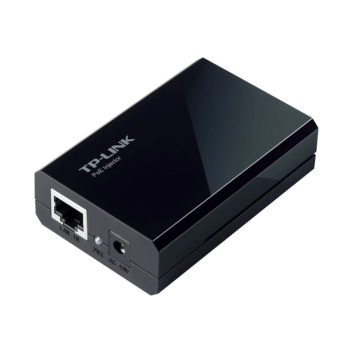 Schwarzer TP-Link PoE Injector mit Netzwerkkabel-Anschluss. Aufschrift: TP-Link, PoE Injector.
