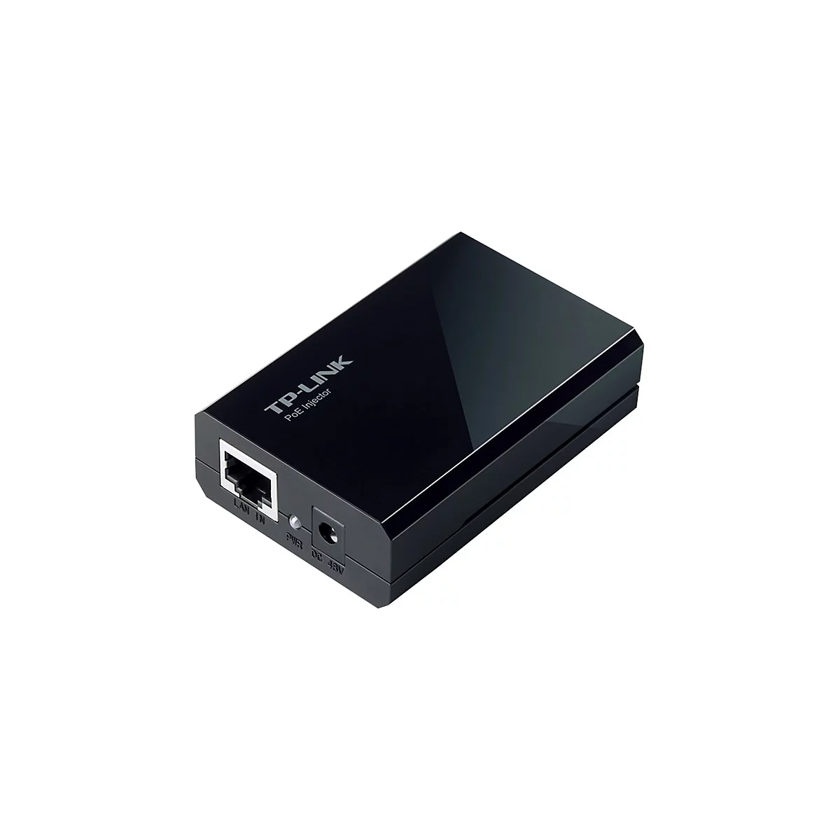 Schwarzer TP-Link PoE-Injektor mit LAN- und Stromanschluss auf weißem Hintergrund.