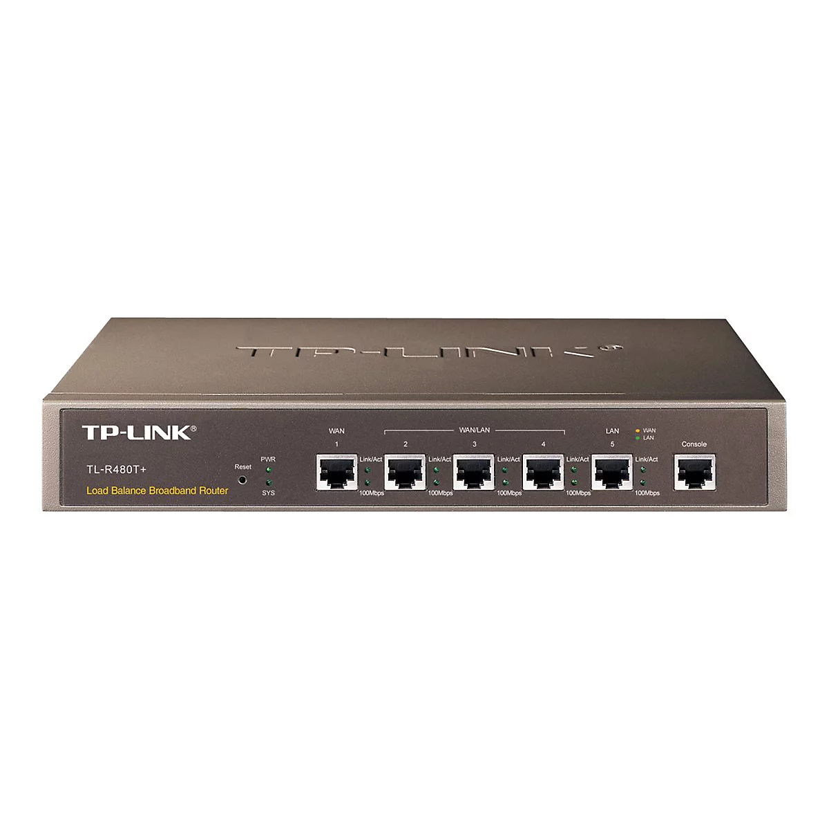 Ein TP-Link Router, grau. Auf der Vorderseite sind Anschlüsse, Beschriftungen und Anzeigen zu sehen.