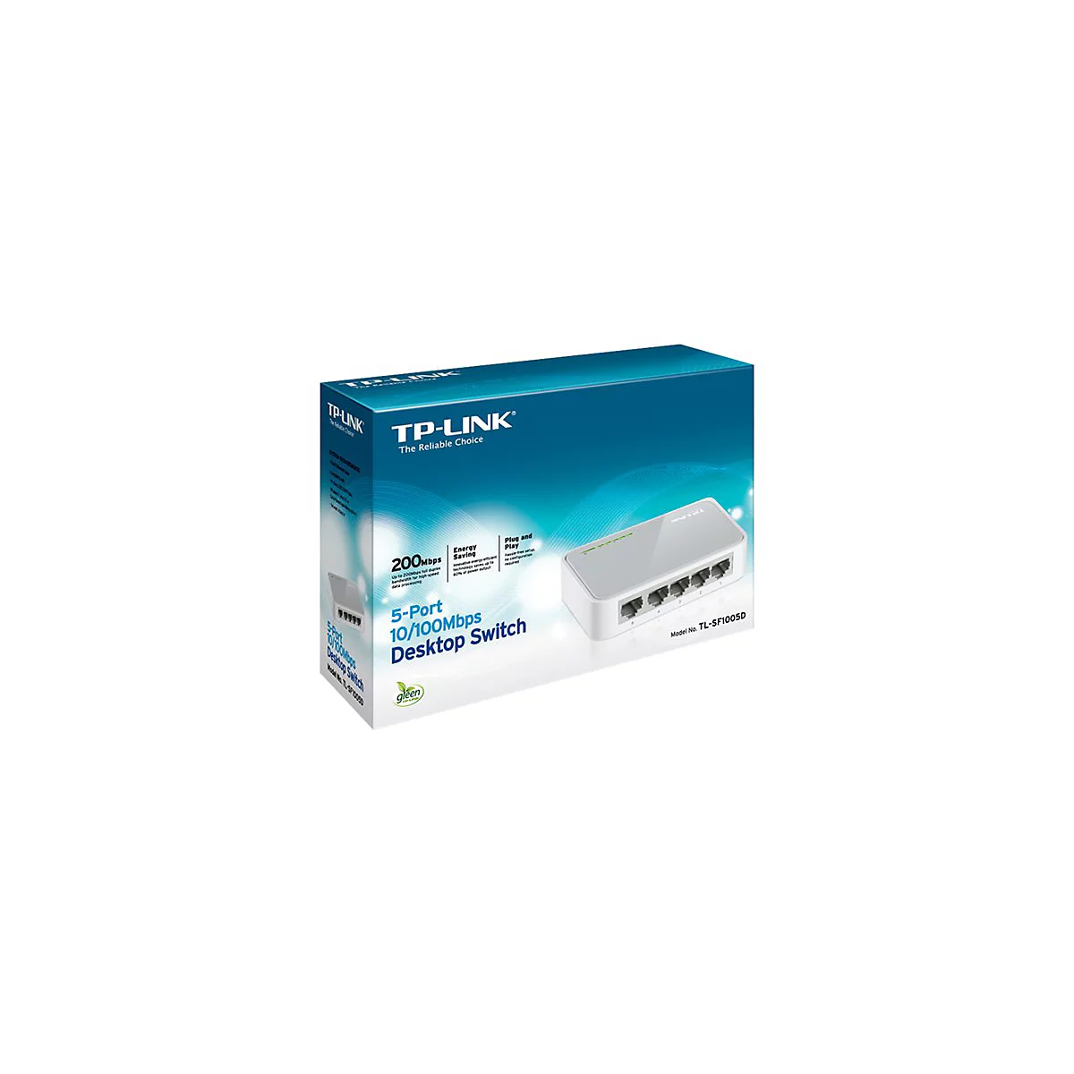 Ein weiÃŸer TP-Link 5-Port-Desktop-Switch liegt neben der blauen Verpackung, auf der Produktinformationen stehen.