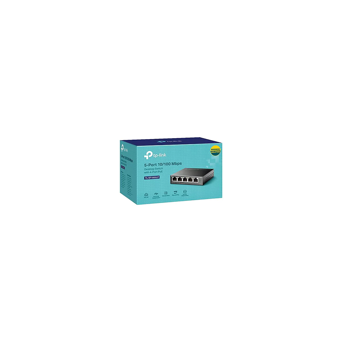 Eine Produktbox mit einem schwarzen Netzwerk-Switch von tp-link. Auf der Box stehen Produktinformationen und das Logo. Im Bild ist der Switch zu sehen.