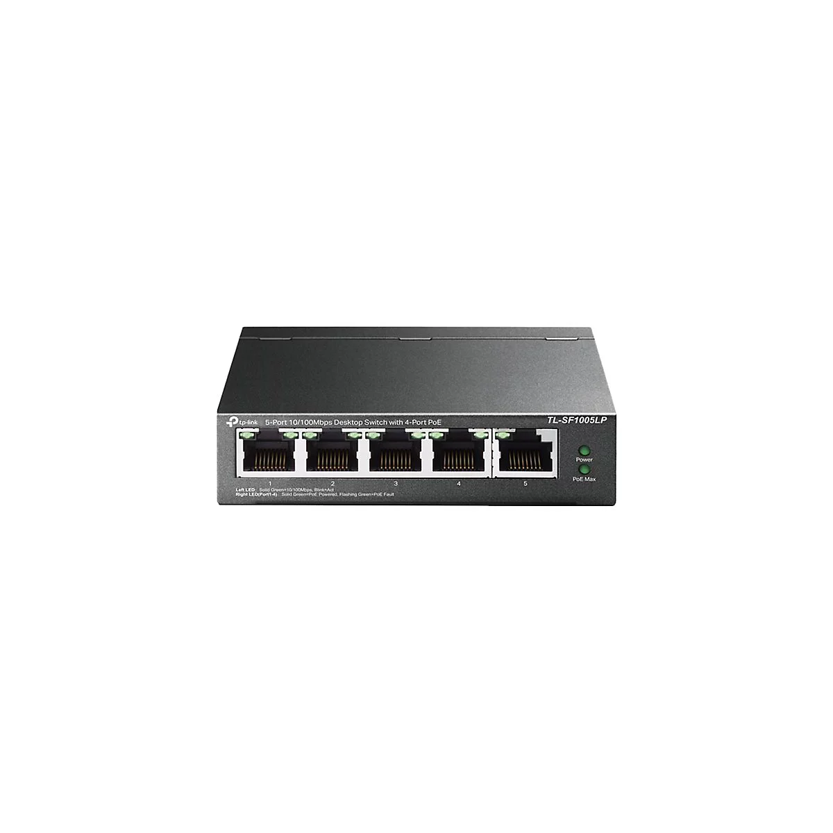 Ein grauer 5-Port-Desktop-Switch von TP-Link. Er hat 5 Ethernet-Ports, zwei grÃ¼ne Kontrollleuchten und die Aufschrift TL-SF1005LP.