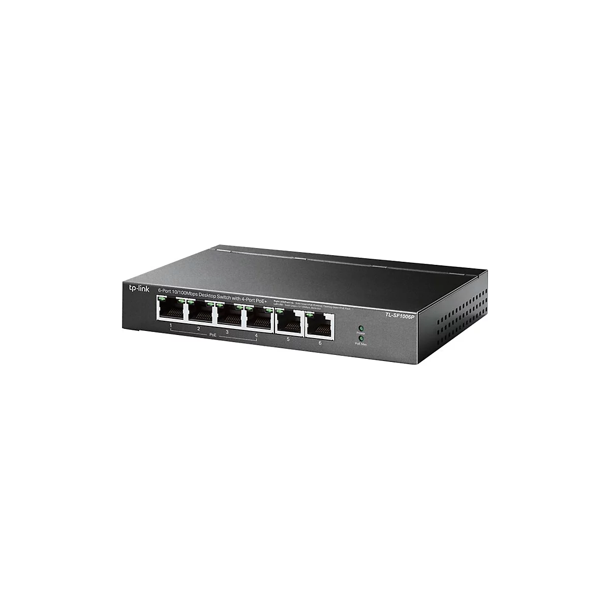 Schwarzer Netzwerk-Switch mit sechs Ports und Beschriftungen: TP-Link, TL-SF1006P. Die Front hat sechs Ports, Leuchten und SchriftzÃ¼ge.