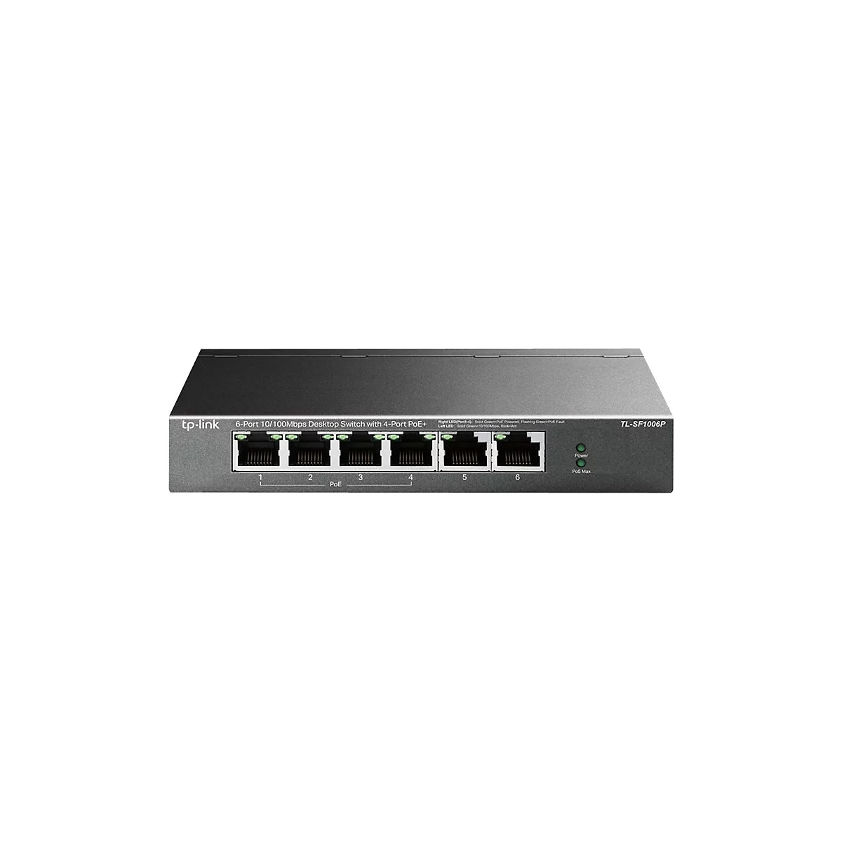 Ein grauer Netzwerkswitch mit sechs Ports, die mit Netzwerkkabeln verbunden werden kÃ¶nnen. Der Switch hat die Aufschrift tp-link und TL-SF1006P.