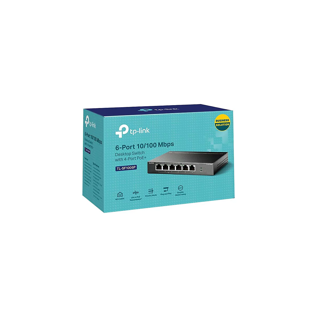 Ein schwarzer TP-Link Desktop Switch mit 6 Ports, auf einer blau-weiÃŸen Box mit Produktinformationen.