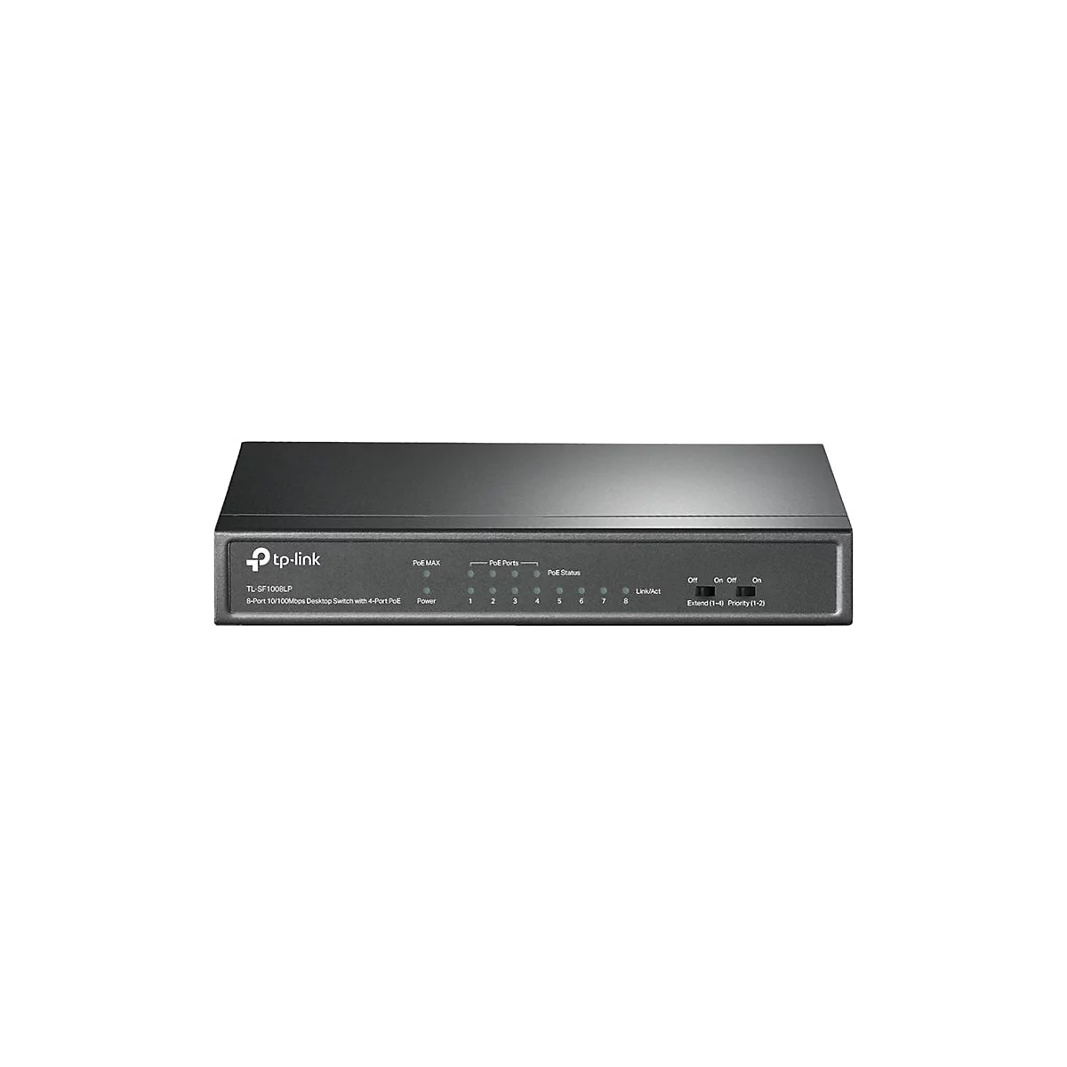 Ein schwarzer Netzwerk-Switch, Marke TP-Link, mit Leuchten und Schaltern, auf weiÃŸem Hintergrund.