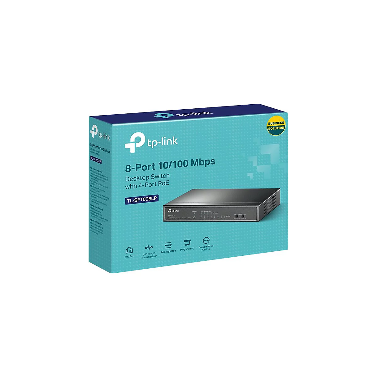 Ein rechteckiger, schwarzer TP-Link Switch auf einer tÃ¼rkisfarbenen Box. Die Box zeigt den Produktnamen und Eigenschaften.