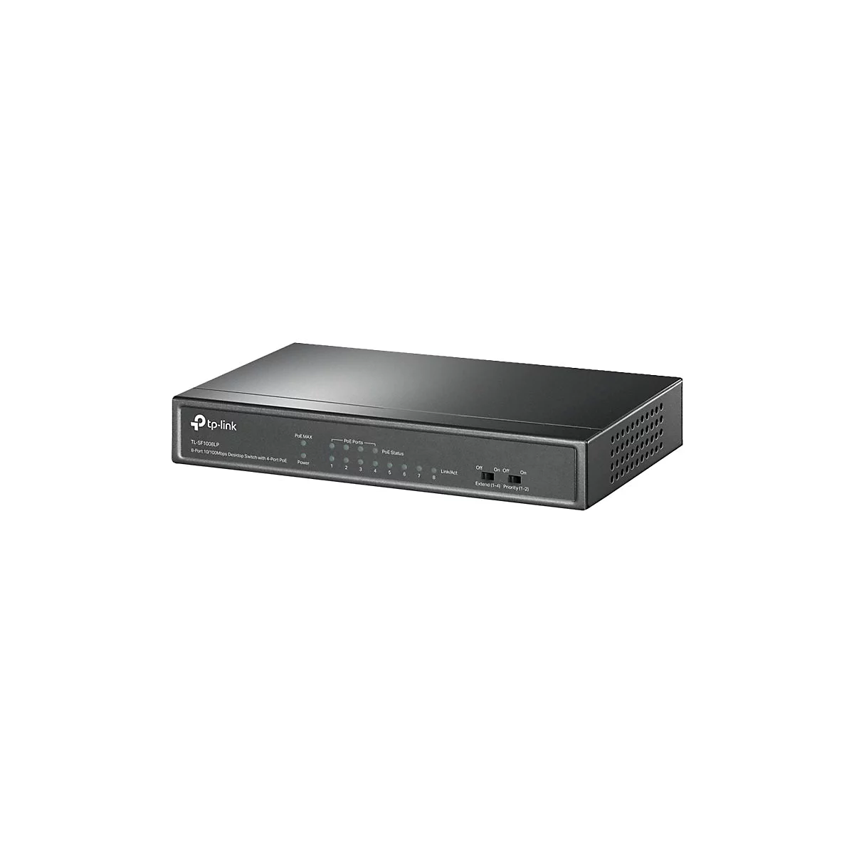 Ein schwarzer Netzwerk-Switch von tp-link. Auf der Vorderseite befinden sich Leuchten und eine Beschriftung.