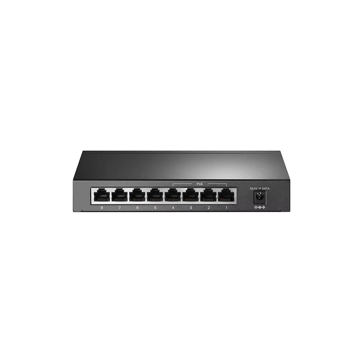 Ein schwarzer Netzwerkswitch mit acht Ports, die von 1 bis 8 nummeriert sind. Aufschrift: PoE und 53,5V 0,61A.