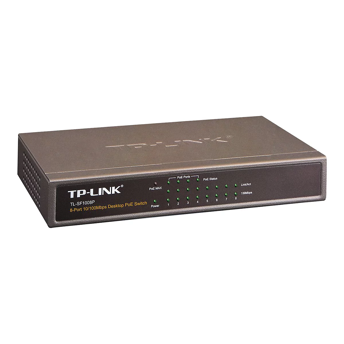 Ein grauer TP-LINK PoE Switch mit grünen LEDs und Beschriftungen. 8-Port 10/100Mbps Desktop. Auf weißem Hintergrund.