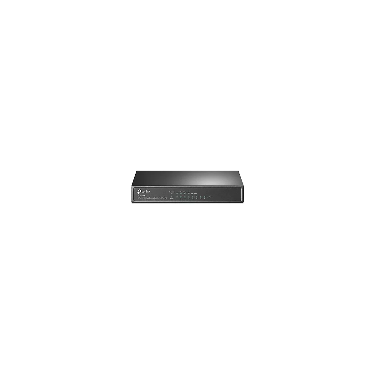 Schwarzer TP-Link Switch, 8-Port, mit Anzeigeleuchten. Aufschrift: 8-Port 10/100Mbps Desktop Switch mit 4-Port PoE.
