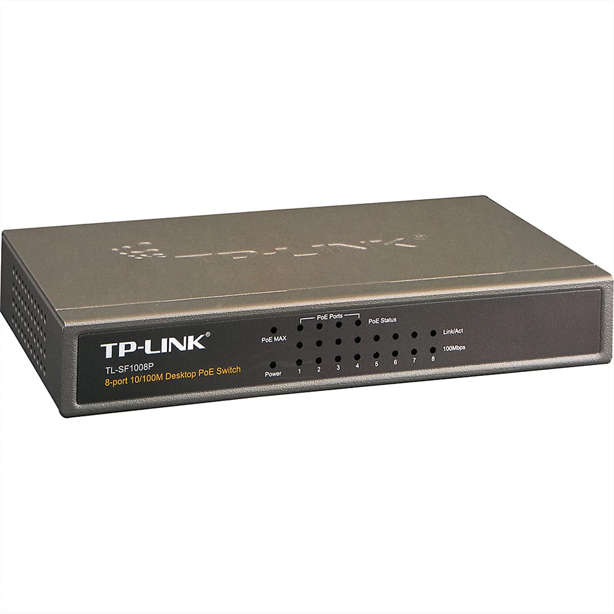 Grauer TP-Link PoE-Switch TL-SF1008P mit acht Ports und Status-LEDs vor weißem Hintergrund.