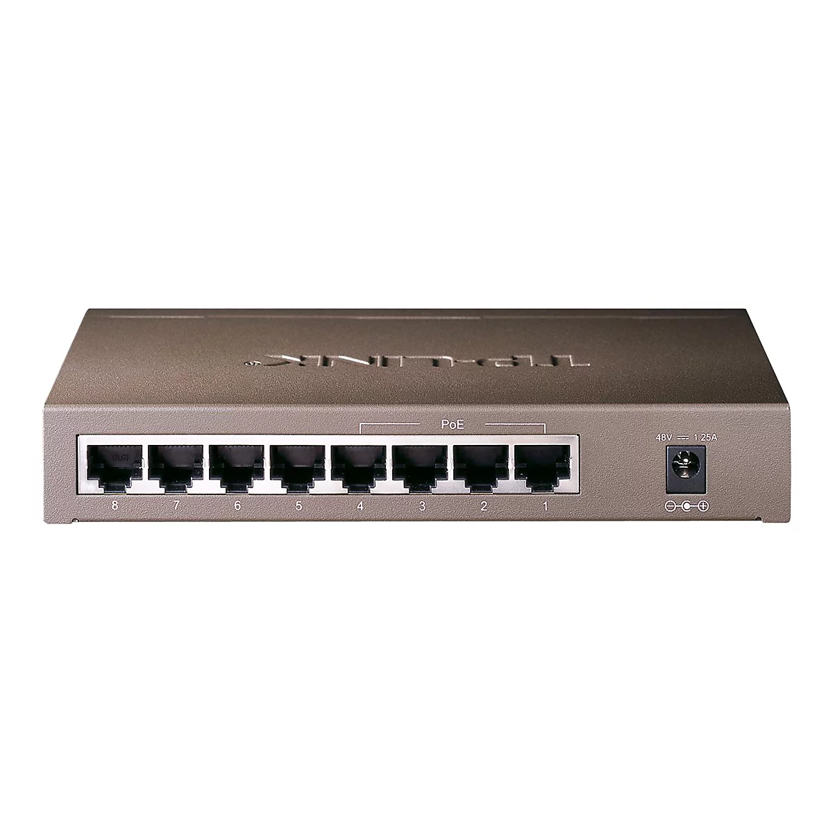 Grauer Netzwerkswitch mit acht Ports, PoE und Stromanschluss.