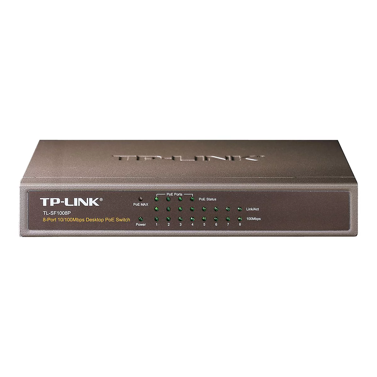 Ein grauer TP-Link 8-Port-PoE-Switch. Auf der Front befinden sich LEDs für PoE, Status und Link/Act. Die Aufschrift "TP-LINK" ist oben eingraviert.