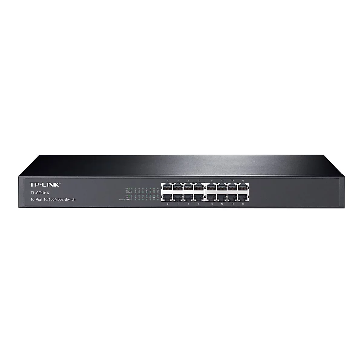 Schwarzer TP-Link-Switch mit 16 Ports, Ports in einer Reihe angeordnet. Text: TL-SF1016.