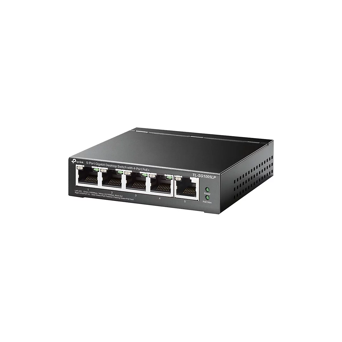 Schwarzer TP-Link 5-Port Gigabit Desktop Switch mit vier PoE+-Ports. FÃ¼nf Ethernet-Ports sind auf der Vorderseite sichtbar, daneben Status-LEDs.