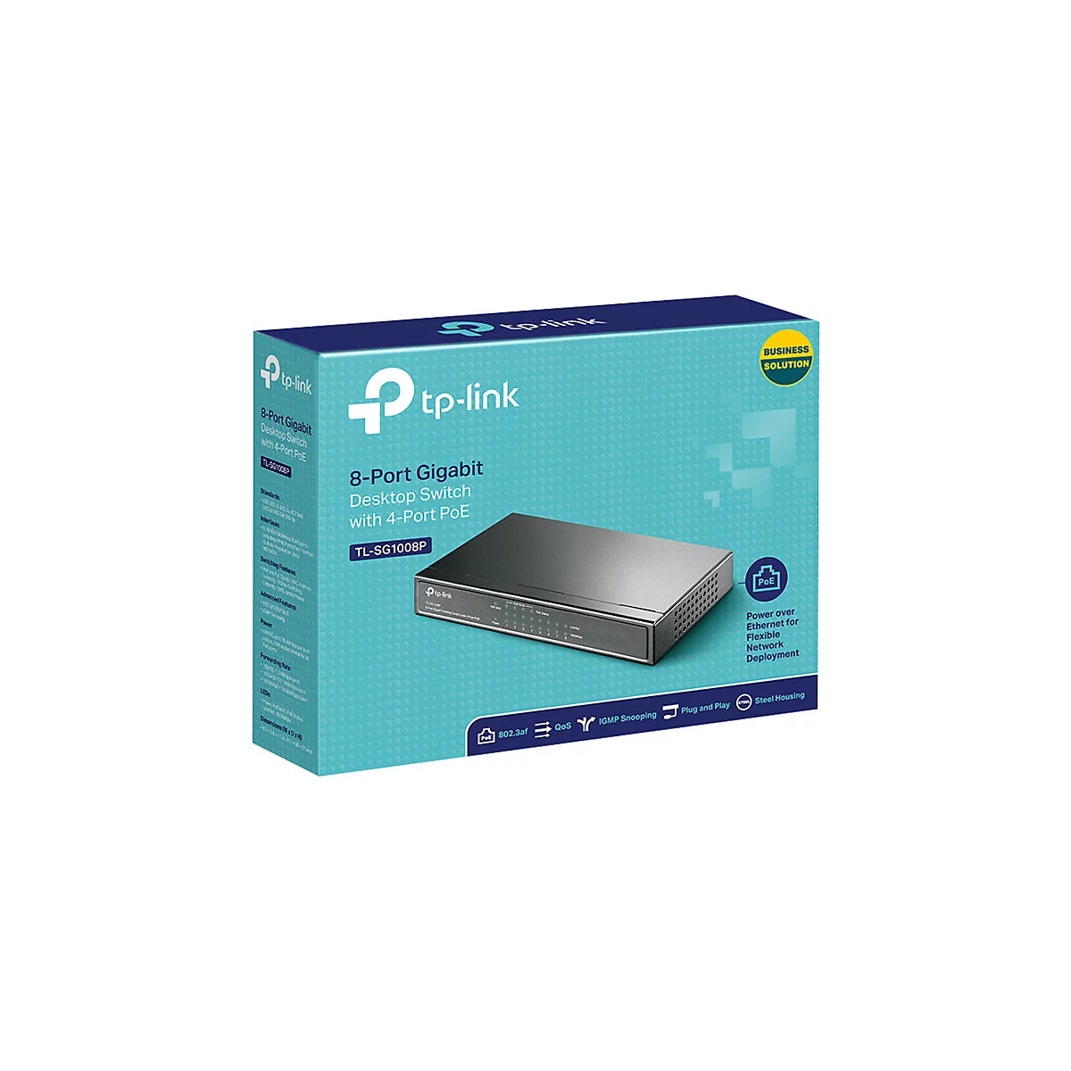 Ein grauer Netzwerk-Switch auf einer blau-weißen Schachtel. Beschriftung: 8-Port Gigabit Desktop Switch.