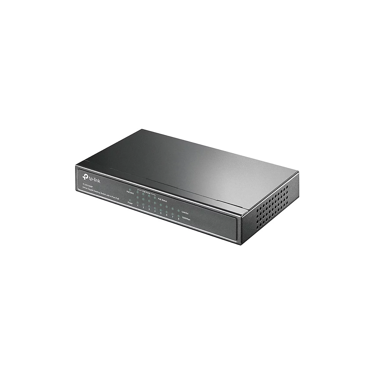 Grauer tp-link Switch, vorne beschriftet mit Modellbezeichnung und Ports, kleine LEDs, seitlich Lüftungsschlitze.