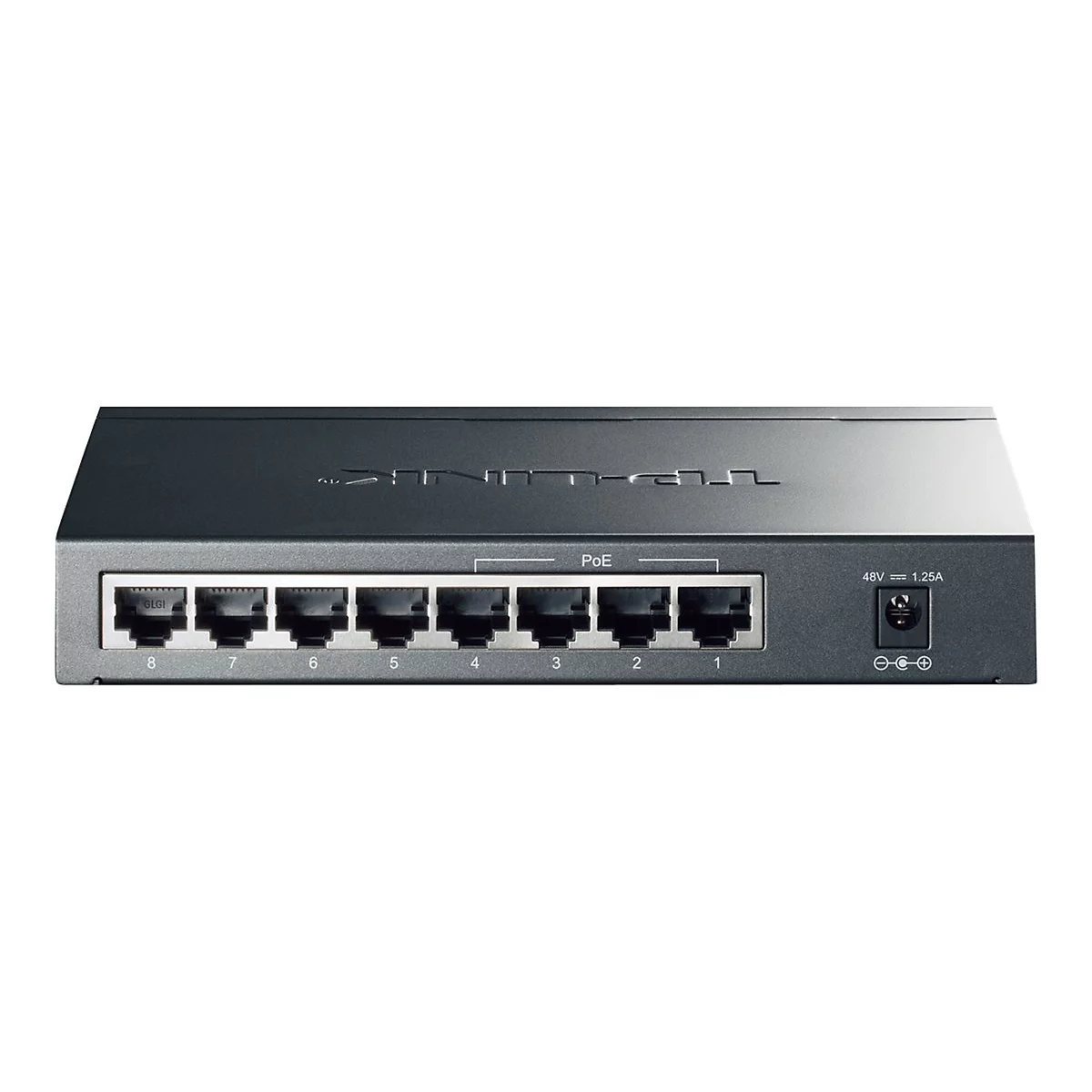 Schwarzer Netzwerk Switch mit 8 Ports. Aufschrift: PoE, 48V, 1,25A. Ports nummeriert von 1-8. Herstellerlogo.
