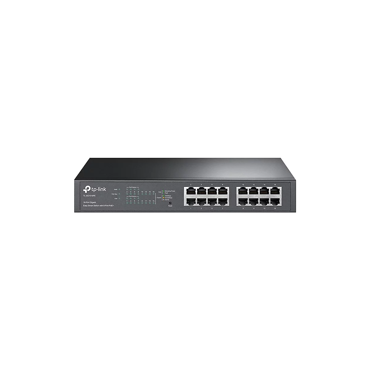 Schwarzer Netzwerk-Switch von tp-link mit 16 Ports. Die Front zeigt Ports, Status-LEDs und Produktbezeichnung.
