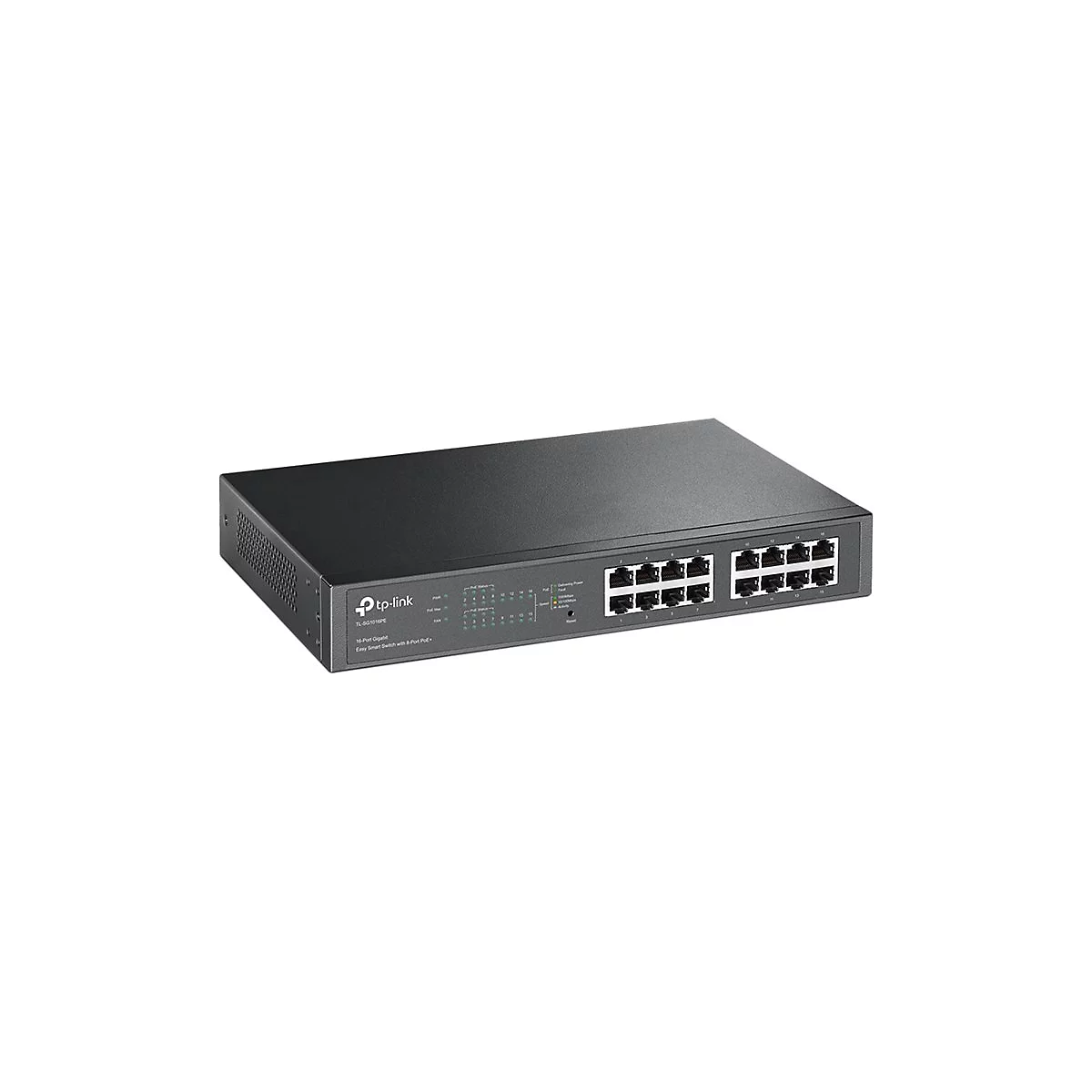 Schwarzer Netzwerk-Switch von TP-Link mit 16 Anschlüssen und LED-Anzeigen.