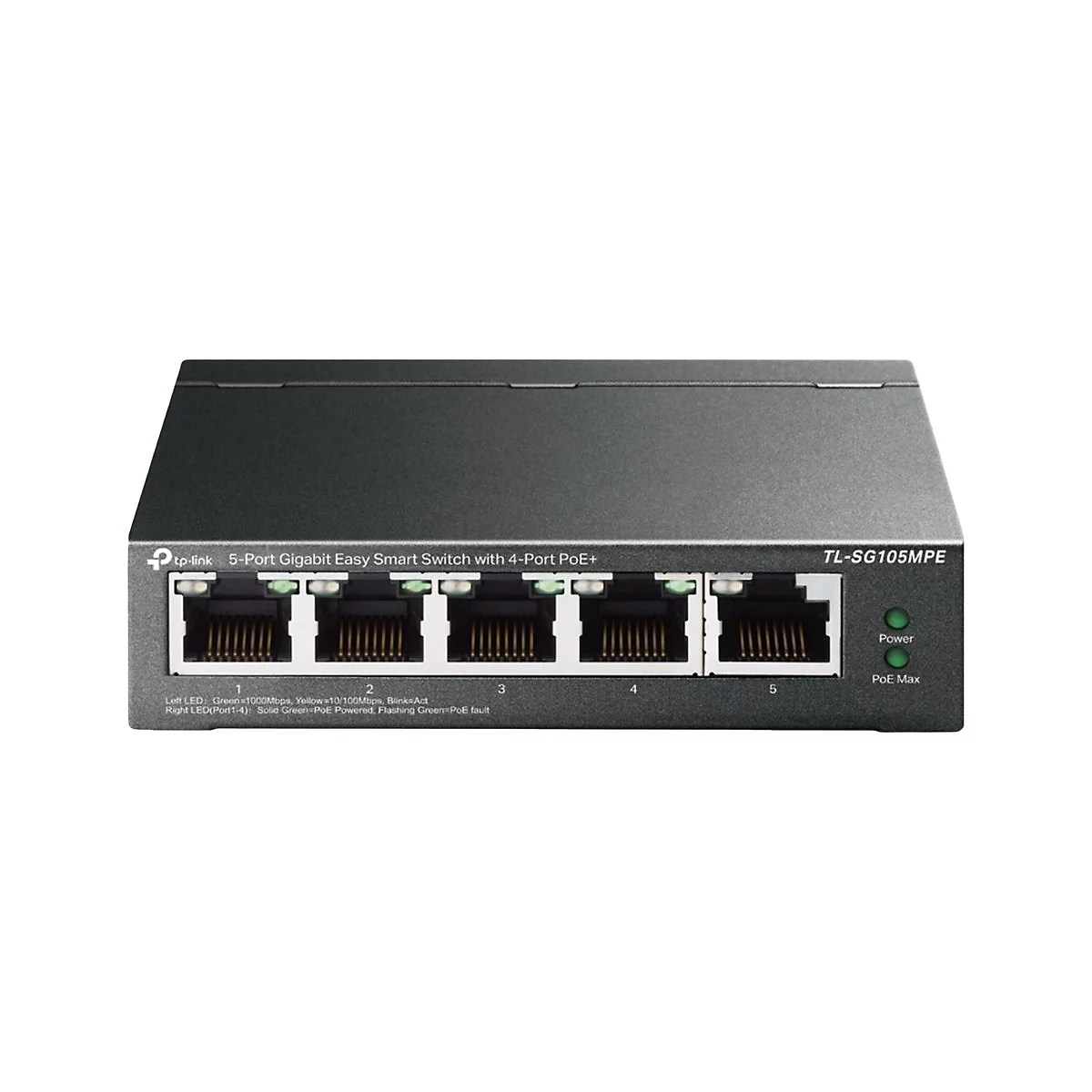 Schwarzer Netzwerk-Switch mit fÃ¼nf Ethernet-AnschlÃ¼ssen. Auf der Oberseite steht TL-SG105MPE und 5-Port Gigabit Easy Smart Switch.