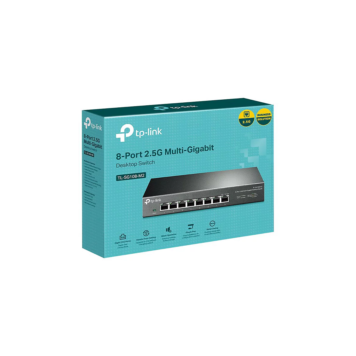 Ein schwarzer tp-link 8-Port 2.5G Multi-Gigabit Desktop Switch auf einer helltÃ¼rkisen Verpackung.