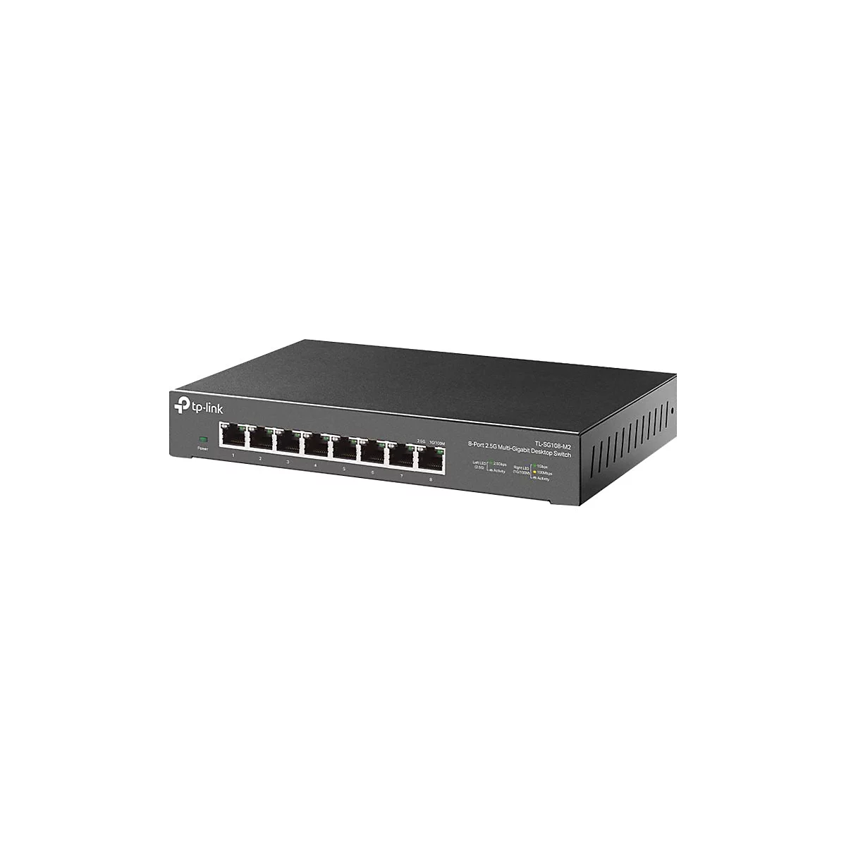 Schwarzer Netzwerkswitch von tp-link mit acht AnschlÃ¼ssen. Der Switch ist rechteckig und liegt auf einer weiÃŸen OberflÃ¤che.