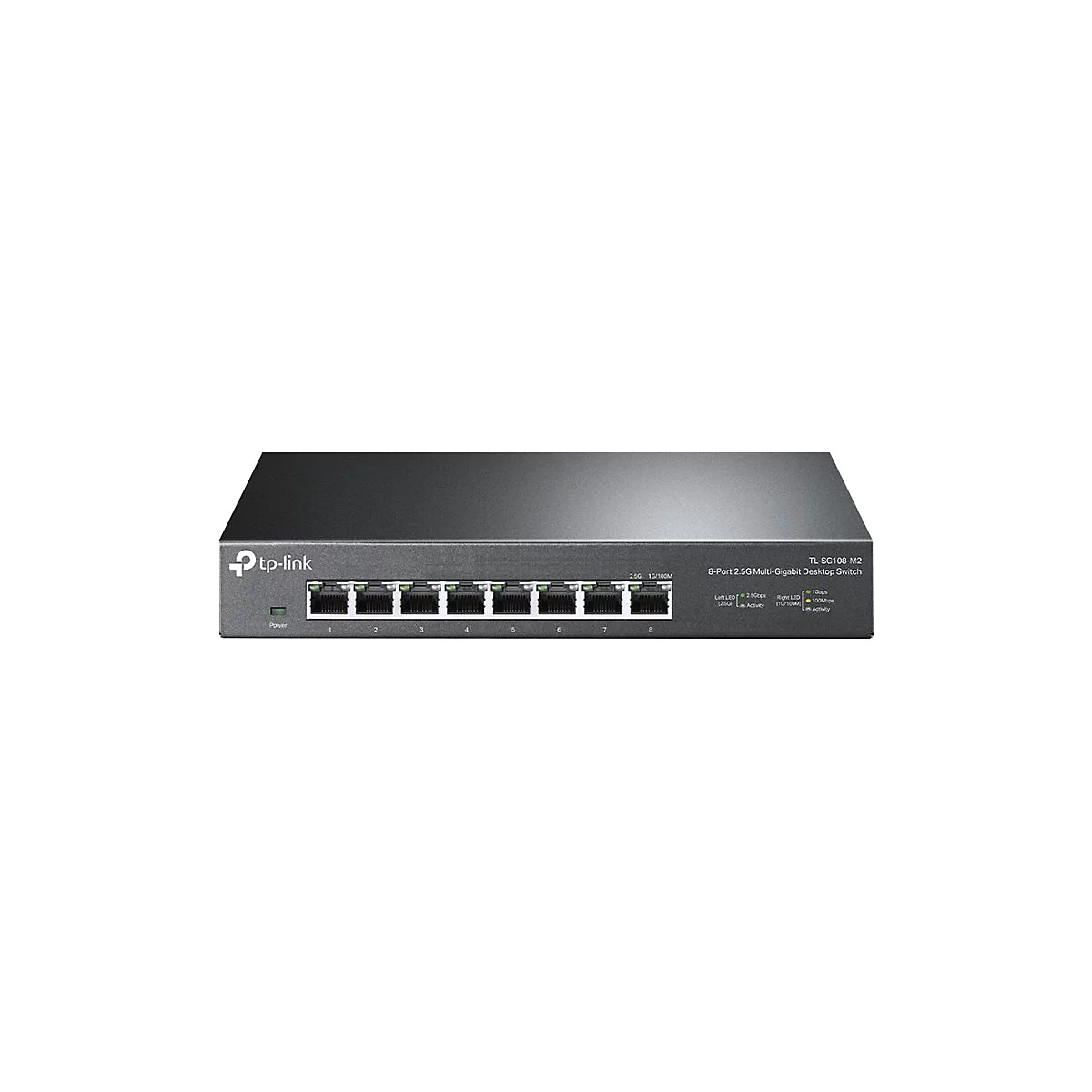 Schwarzer TP-Link 8-Port 2,5G Desktop Switch. Auf der Vorderseite befinden sich 8 Ports, daneben Anzeigen und Schriftzug.