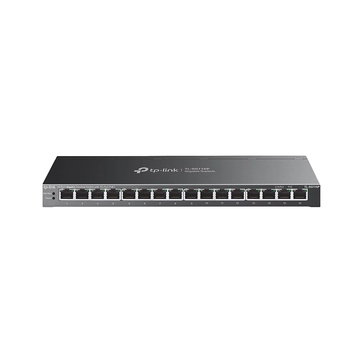 Ein grauer TP-Link Netzwerk-Switch mit mehreren Ports, vor weiÃŸem Hintergrund.