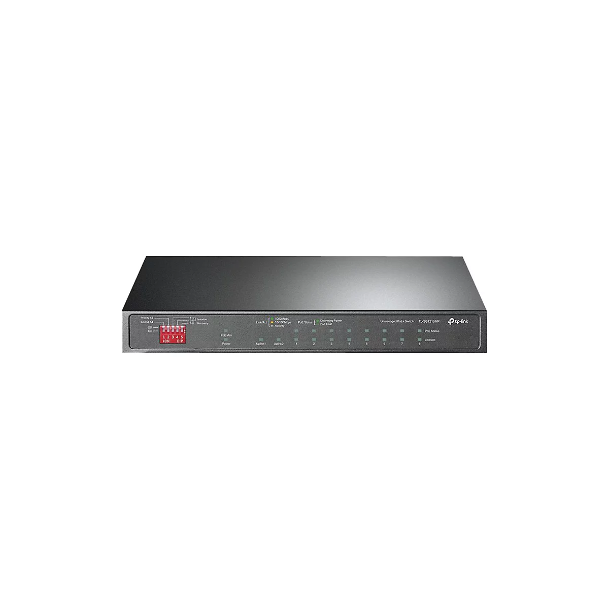 Schwarzer TP-Link Switch, rechteckig, mit Leuchten und Beschriftung. Die Oberfläche ist leicht reflektierend. Front mit roten DIP-Schaltern, darüber Anzeigen.