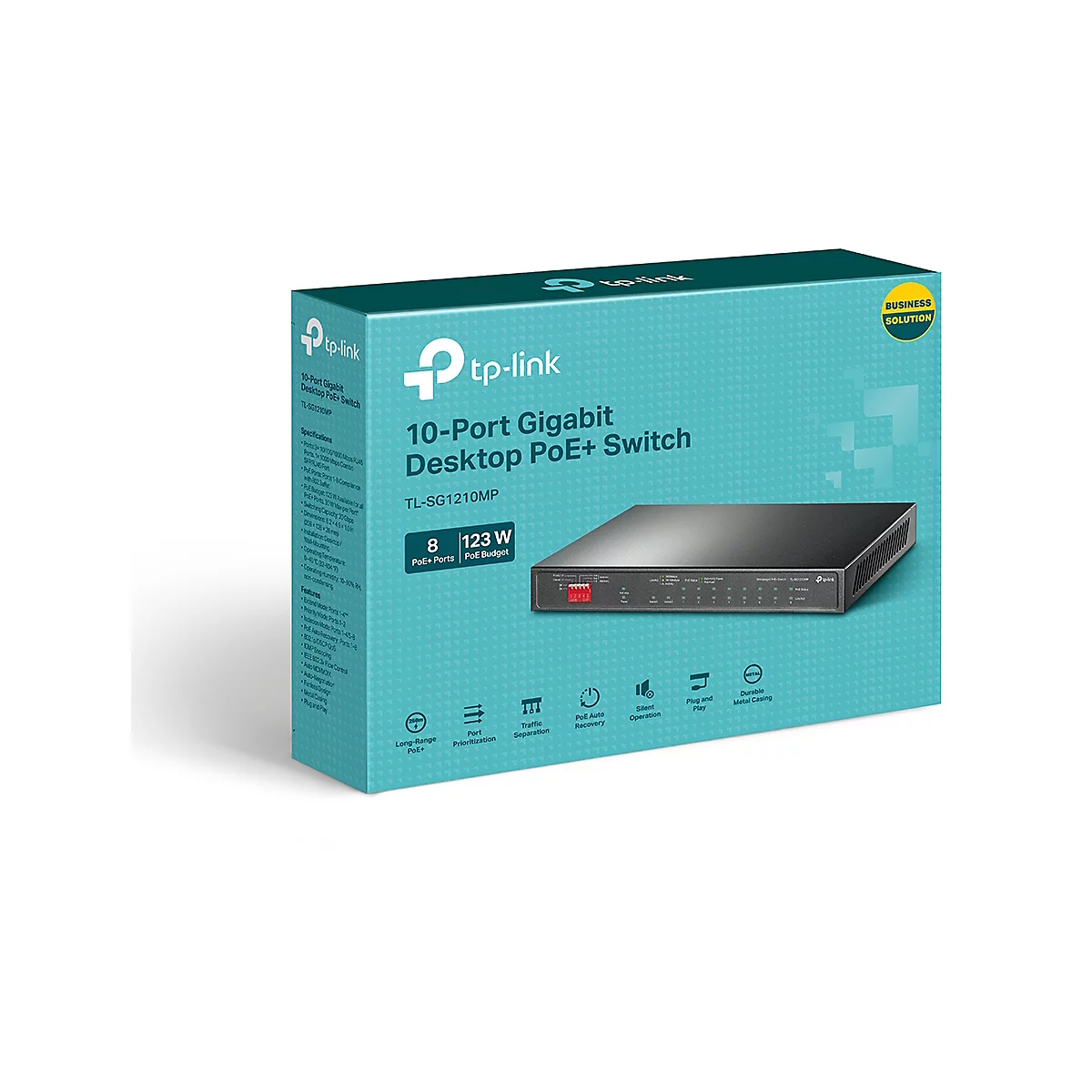 Eine Produktverpackung des TP-Link 10-Port Gigabit Desktop PoE+ Switch mit Produktbild. Aufschrift: 10-Port Gigabit Desktop PoE+ Switch, TL-SG1210MP.