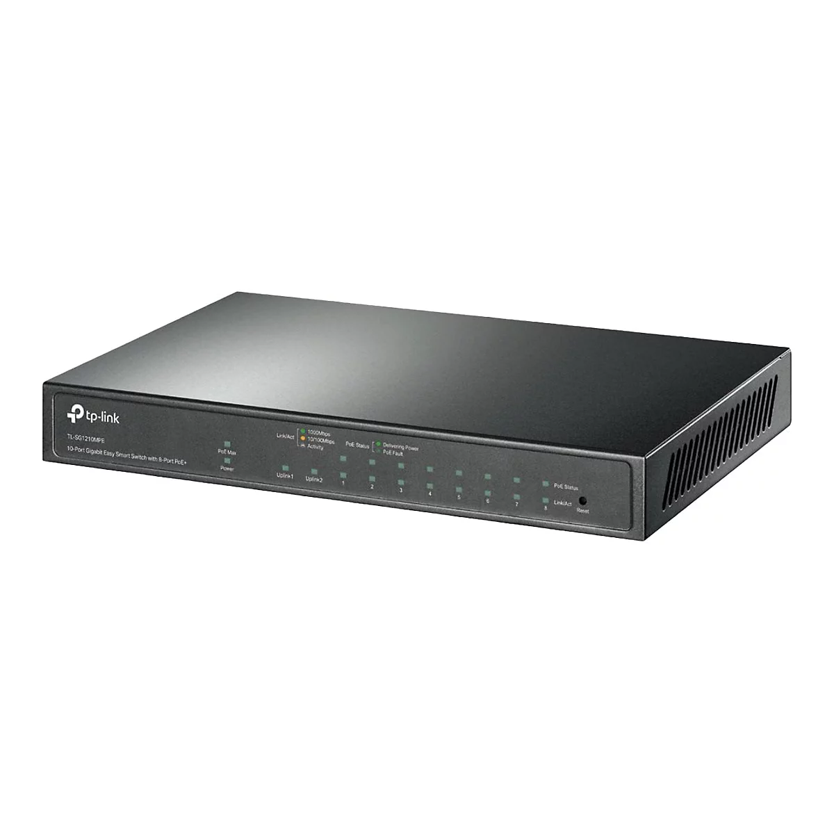 Schwarzer TP-Link Switch, Modell TL-SG1210MPE. Mit LED-Anzeigen für Status und Aktivitäten. Text: 10-Port Gigabit Easy Smart Switch mit 8-Port PoE.