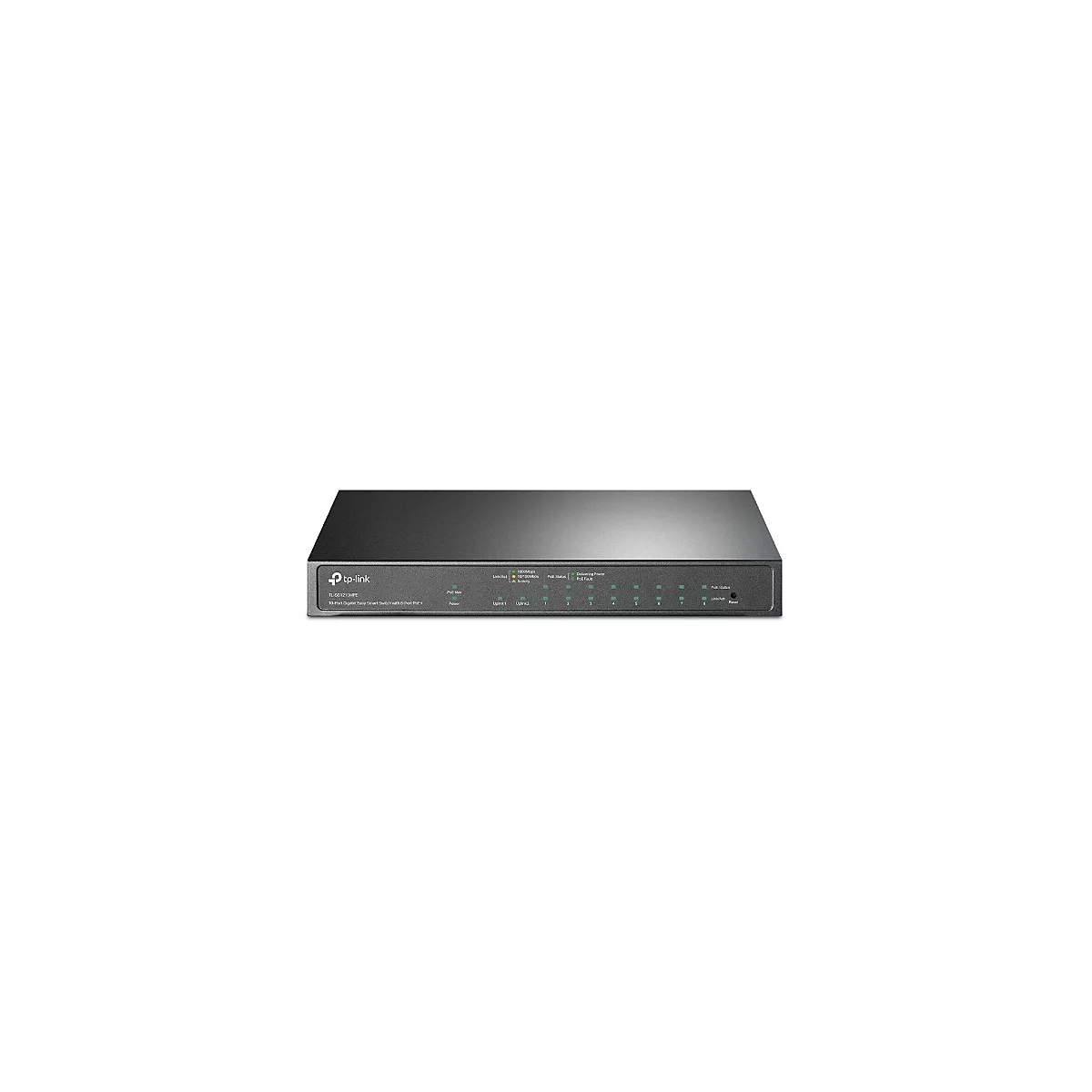 Ein schwarzer TP-Link Netzwerk-Switch, Ansicht von vorne, mit Ports und Kontrollleuchten.