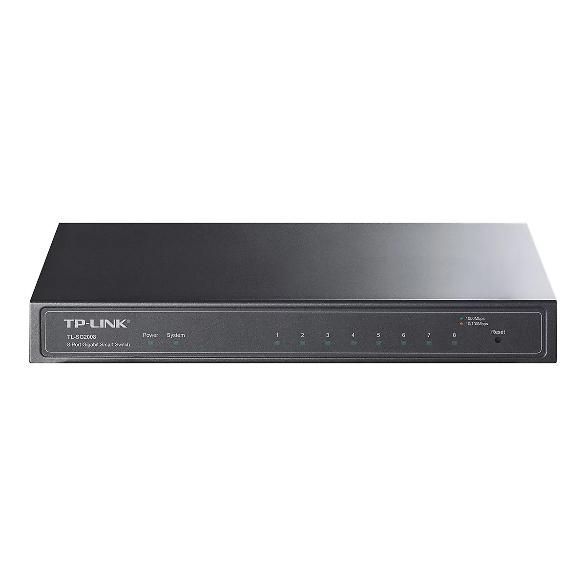 Commutateur intelligent Gigabit TP-Link 8 ports noir, vue de face avec ports et Ã©tiquettes.