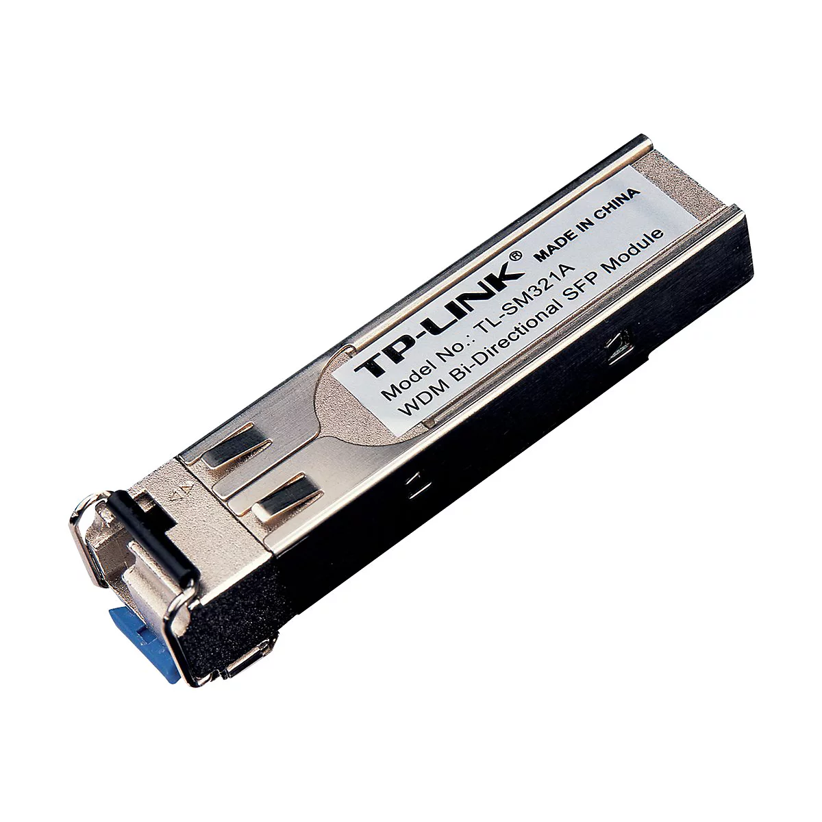 Ein metallfarbenes SFP-Modul mit Aufschrift TP-Link. Es zeigt das Modell TL-SM321A an.