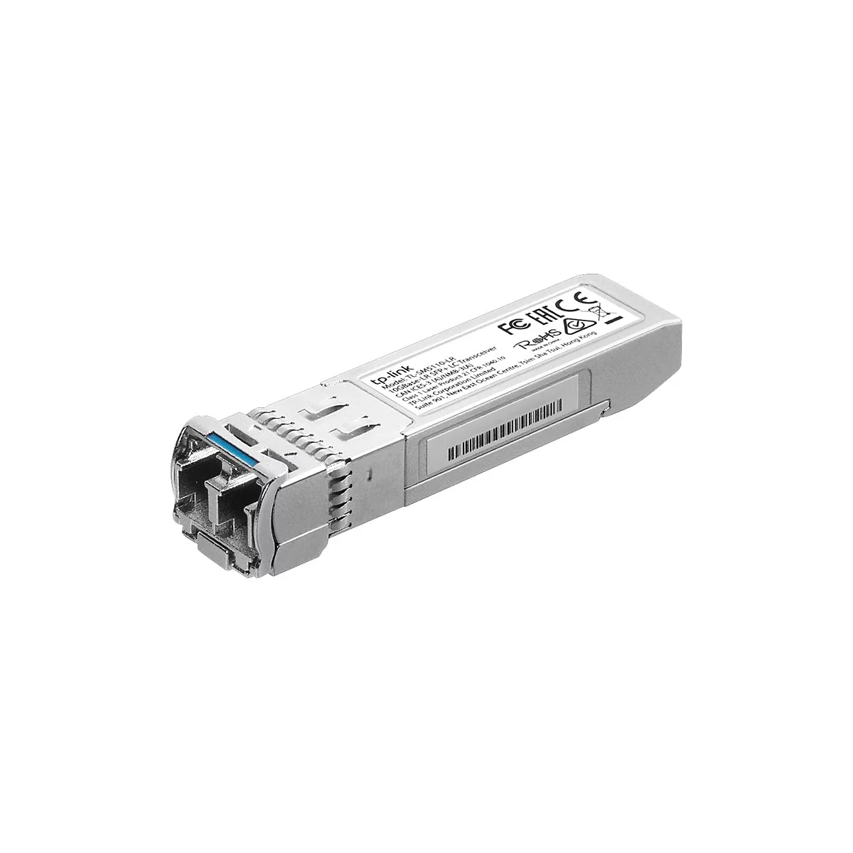 Ein silberfarbener TP-Link SFP+-Transceiver. Der Stecker hat einen blauen Einsatz. Auf dem Gehäuse befinden sich Aufkleber mit Informationen und Logos.