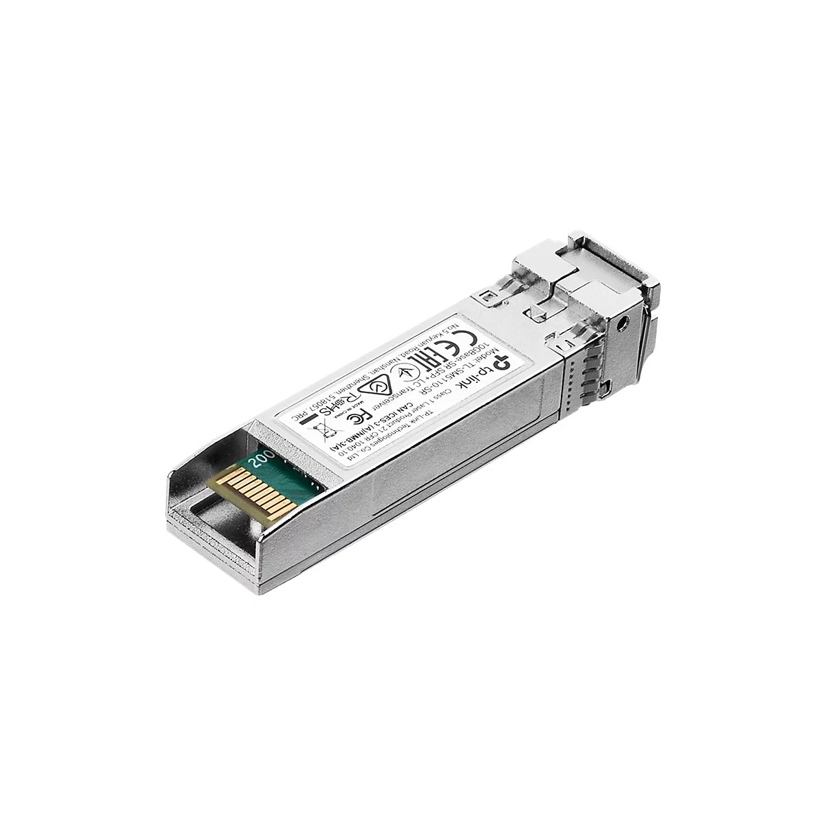 Un émetteur-récepteur SFP+ TP-Link argenté. Des inscriptions sur la surface indiquent le modèle, le fabricant et les certifications.