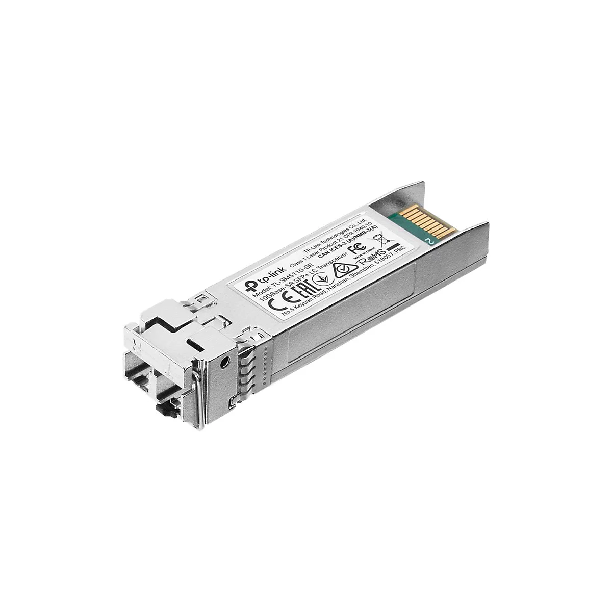 Un émetteur-récepteur SFP+ TP-Link argenté avec marquages et étiquettes. Vue détaillée sur fond blanc.