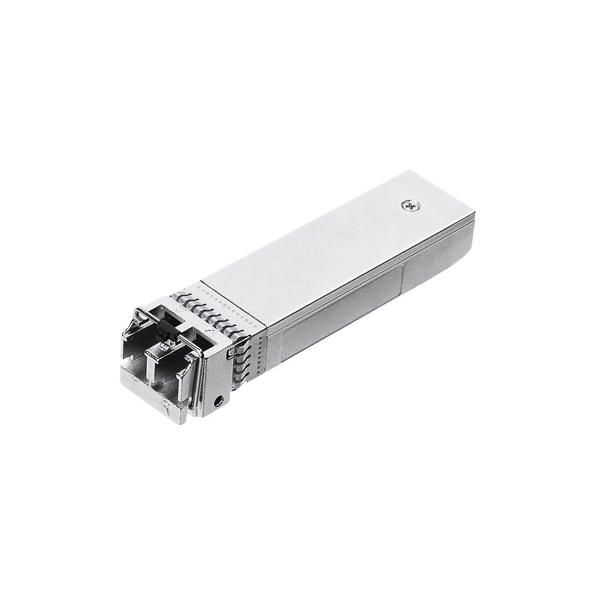 Un émetteur-récepteur SFP métallique et rectangulaire, de couleur argent avec des contacts complexes. Détails : vis sur le dessus, bornes de connexion.